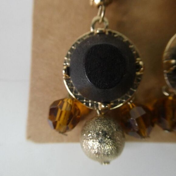 Gold Tone Beaded Dangle Fishhook Pierced Earrings Boho Festival Brown Amber - Picture 3 of 7